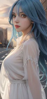 Blue-haired character in white dress, urban setting.