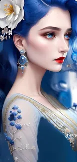 Elegant woman with blue hair and floral adornments, digital art wallpaper.