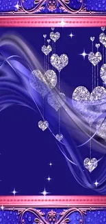 Elegant royal blue wallpaper with heart designs and intricate borders.