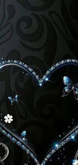 Mobile wallpaper with blue jeweled heart and butterflies.