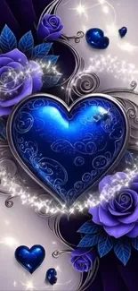 Elegant blue heart with purple roses and intricate design.