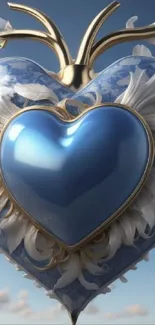 Ornate blue heart design against cloudy sky.