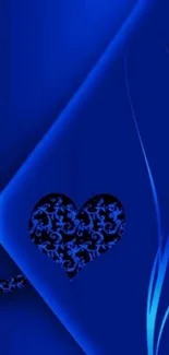 Elegant blue wallpaper with heart and decorative design.