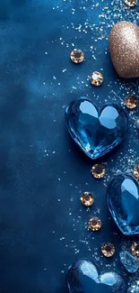 Elegant blue heart-shaped gems and gold heart on a luxurious background.