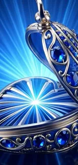 Elegant blue heart-shaped pendant with metallic design.