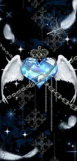 Blue heart with wings and chains on a dark background wallpaper.