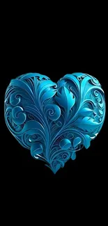 Intricate blue heart on a black background, perfect for mobile wallpaper elegance.