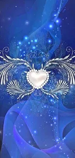 Elegant blue wallpaper with a heart and silver design.