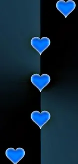 Mobile wallpaper with glowing blue hearts on a dark background.