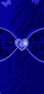 Elegant blue heart wallpaper with butterflies and jewels, perfect for phones.