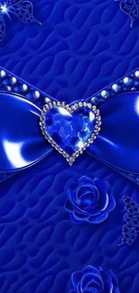 Elegant blue wallpaper with a jeweled heart, roses, and butterflies.