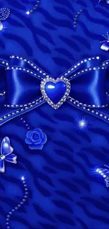 Elegant blue wallpaper with heart jewel and butterflies.