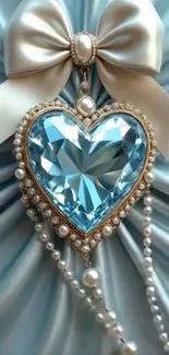 Elegant blue heart wallpaper with sparkling gem and satin bow.