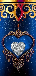 Blue wallpaper with gold heart diamond design.