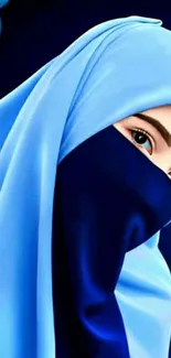 Elegant blue hijab with deep gaze mobile wallpaper.