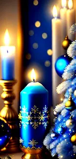 Elegant blue holiday wallpaper with candles and ornaments.