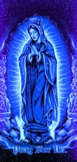 Elegant holy art in blue on black background mobile wallpaper.