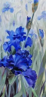 Blue iris flowers in a serene artistic style wallpaper.