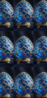 Blue jeweled eggs with gold accents in a luxurious pattern.