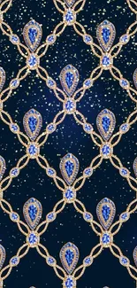 Elegant mobile wallpaper with blue and gold jewel pattern design.