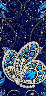 Elegant blue wallpaper with shimmering jewels and floral patterns.