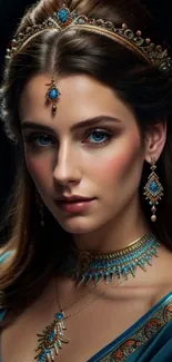 A woman in blue and gold jewelry, elegant and regal mobile wallpaper.