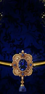 Elegant wallpaper with blue jewel and gold details on dark background.