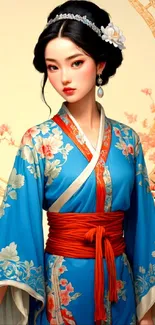 Elegant woman in blue floral kimono with cherry blossoms background.