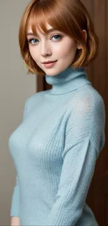 Portrait of woman in blue sweater with serene expression.