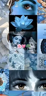 Blue Krishna collage wallpaper with floral and divine art.