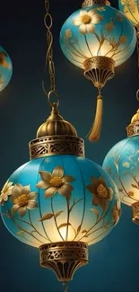 Elegant blue floral lanterns casting a warm glow.
