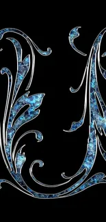 Elegant blue ornamental letter wallpaper on black background.