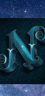 Stylish 3D letter N on dark blue intricate background.