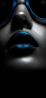 Close-up of blue lips with sunglasses in the shadows.