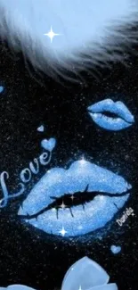 Mobile wallpaper with blue lips and love theme.