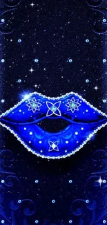 Elegant blue lips with sparkling gems on starry background.