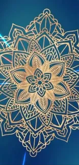 Intricate golden mandala on blue background wallpaper for mobile.