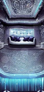 Elegant blue and silver interior with detailed artistic patterns.