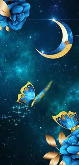 Elegant wallpaper with blue moon and butterflies.