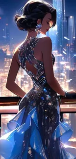 Graceful figure in blue evening gown overlooking a cityscape with sparkling lights.