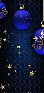 Elegant blue ornaments with gold stars on a hexagonal background.