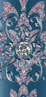 Blue ornate pattern wallpaper with sparkling details.