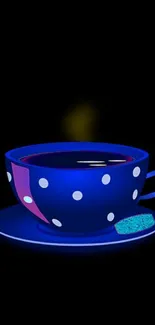 Blue polka dot teacup on dark background wallpaper.