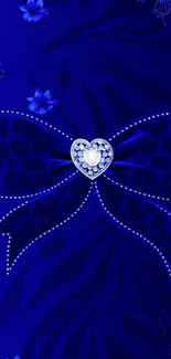 Elegant blue wallpaper with ribbon and heart details.
