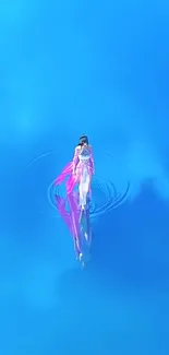 Figure in pink on blue rippling water wallpaper.