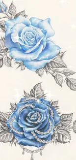 Hand-drawn blue roses with pearl accents in an elegant design.