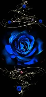 Elegant blue rose on black floral wallpaper.