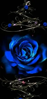 Beautiful blue rose artwork with elegant floral design on a dark background.