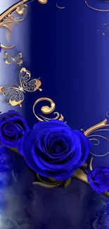 Elegant blue roses with golden butterflies on a luxurious phone wallpaper.