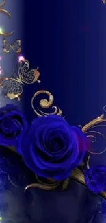 Elegant mobile wallpaper with blue roses and golden accents.